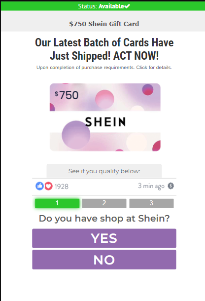 Colorful Shein Gift Card with the text 'Finish a Short Survey to Win a $750 Shein Gift Card Now!' against an enticing background.